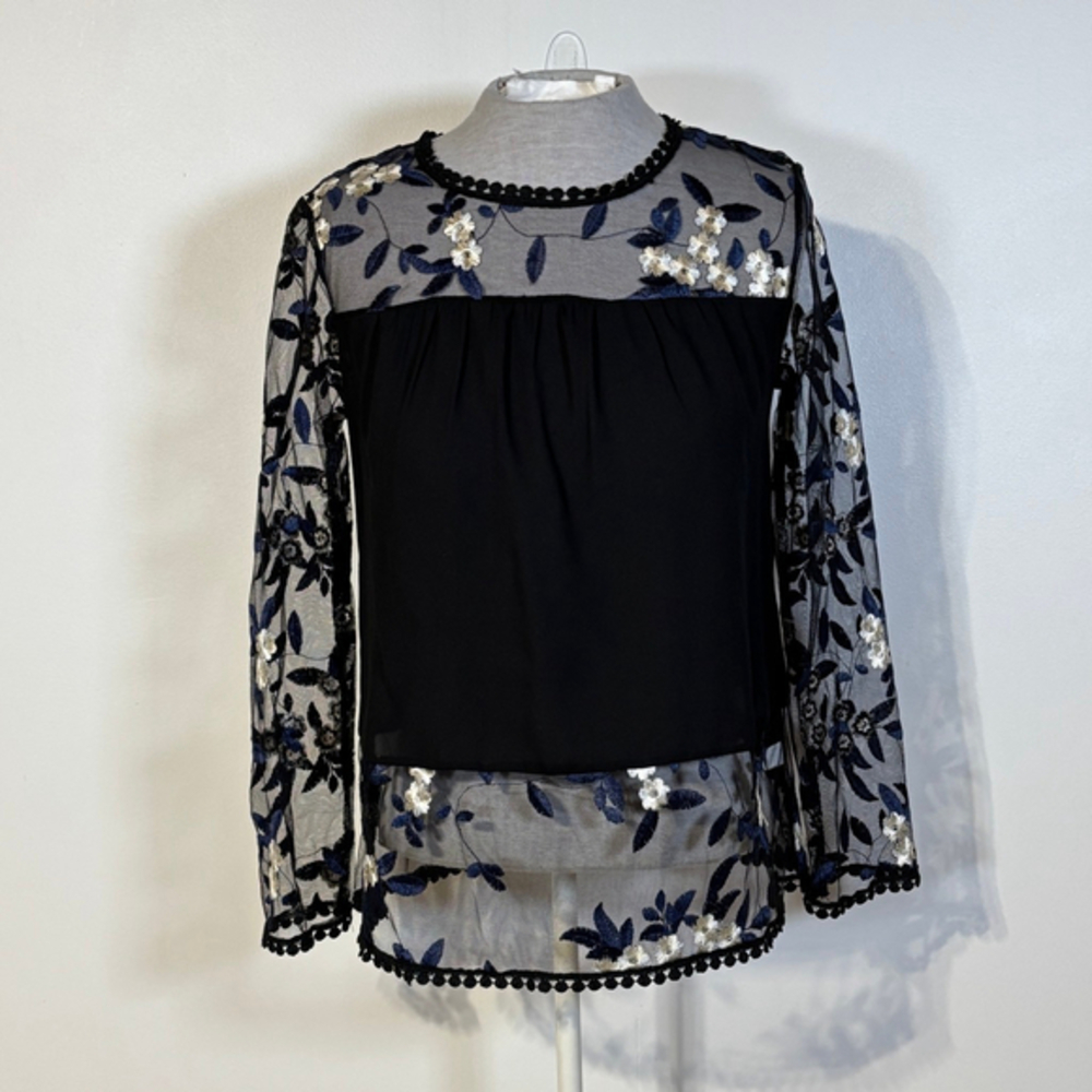 ADIVA Black Blue Floral Embroidered Blouse Sheer Women’s Size XS Crewneck